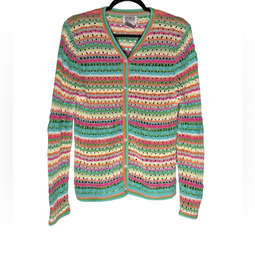 VTG 90s PBJ Sport Knit Cardigan Sweater Women’s Medium Colorful Striped